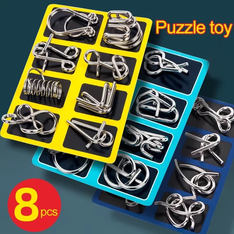8PCS Metal Brain Teaser Puzzle Set – Montessori IQ Wire Puzzle Educational Toy for Kids & Adults